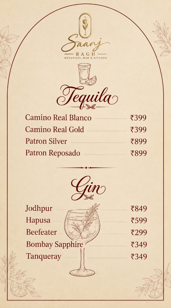 Saanj Bagh — Tequila & Gin Menu