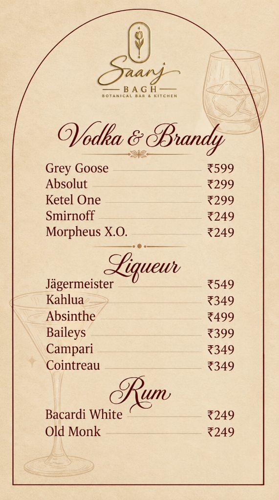 Saanj Bagh — Vodka, Brandy, Liqueur & Rum Menu
