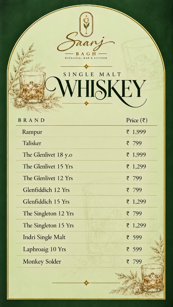 Saanj Bagh — Single Malt Whiskey Menu