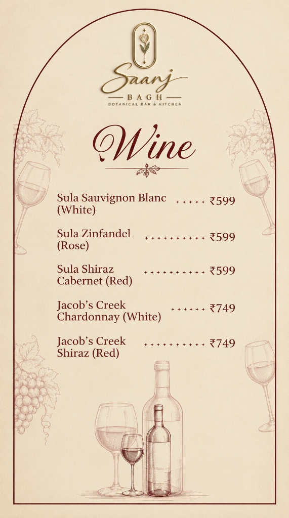Saanj Bagh — Wine Selection Menu
