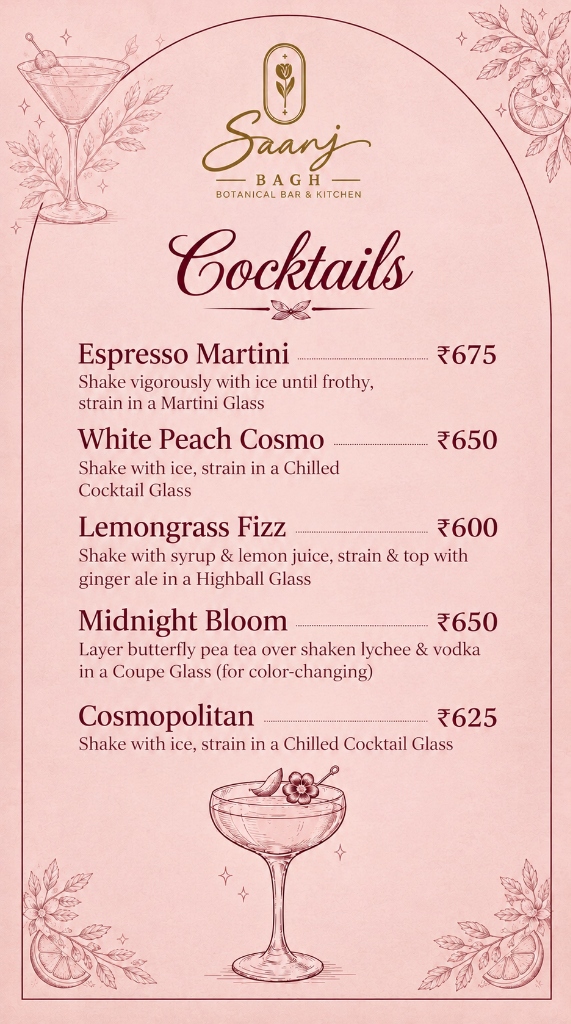 Saanj Bagh — Signature Cocktails Menu