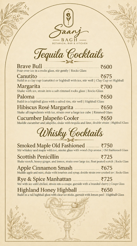 Saanj Bagh — Tequila & Whisky Cocktails Menu