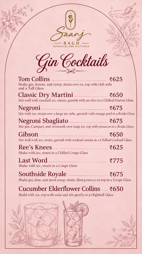 Saanj Bagh — Gin Cocktails Menu