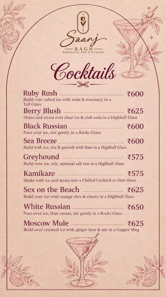Saanj Bagh — Classic Cocktails Menu