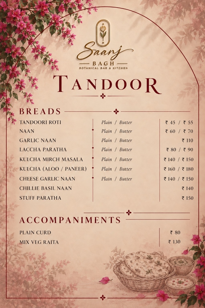Saanj Bagh — Tandoor, Breads & Accompaniments Menu