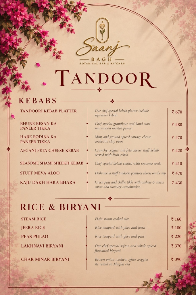 Saanj Bagh — Tandoor, Kebabs & Rice/Biryani Menu